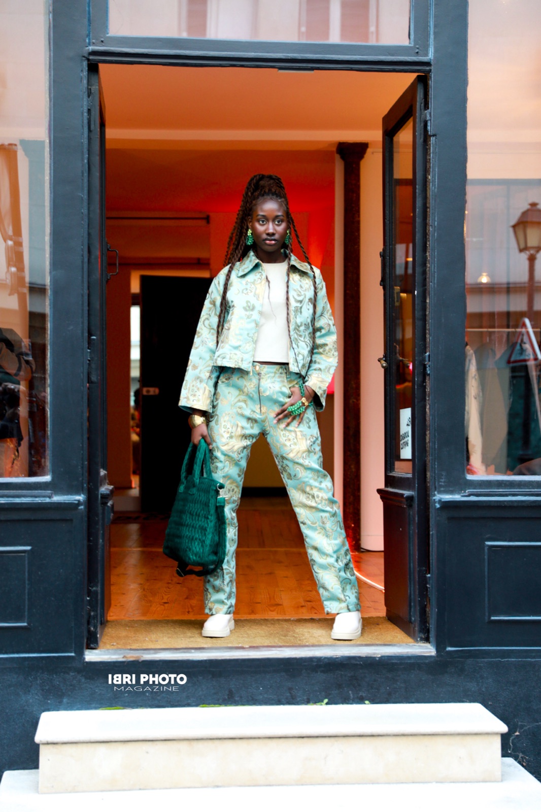 Custom green brocade suit and trousers